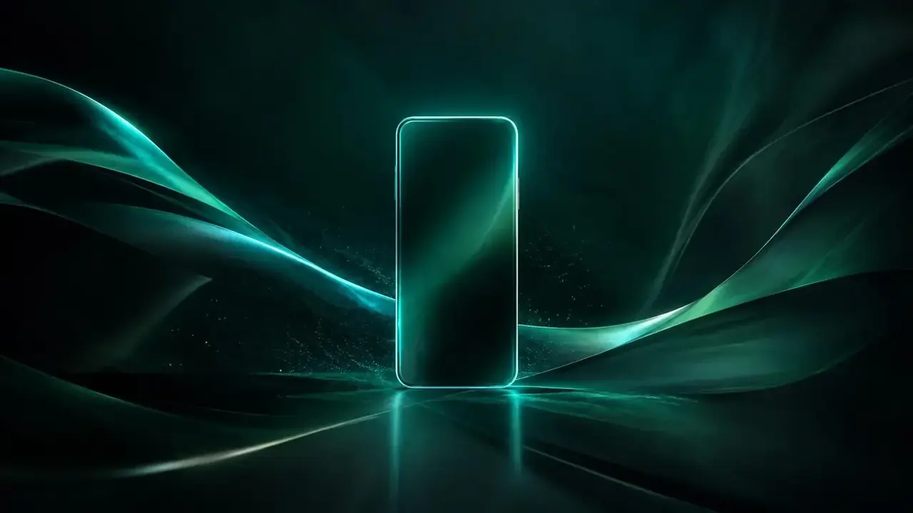 糯米短剧 App 深色视觉主图，青绿色光线在深灰背景中流动